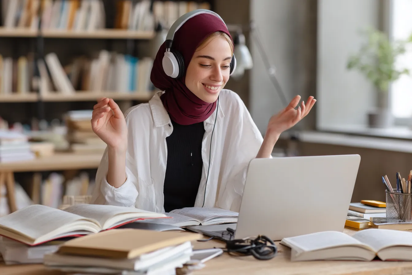 a_saudi_high_school_girl_sitting_at_a_desk_surround