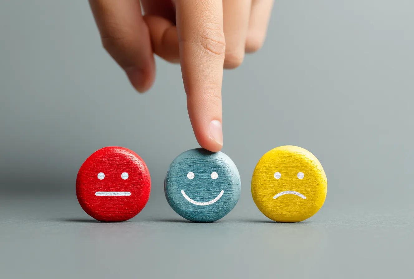 _a_hand_is_pointing_at_three_smiley_face_icons