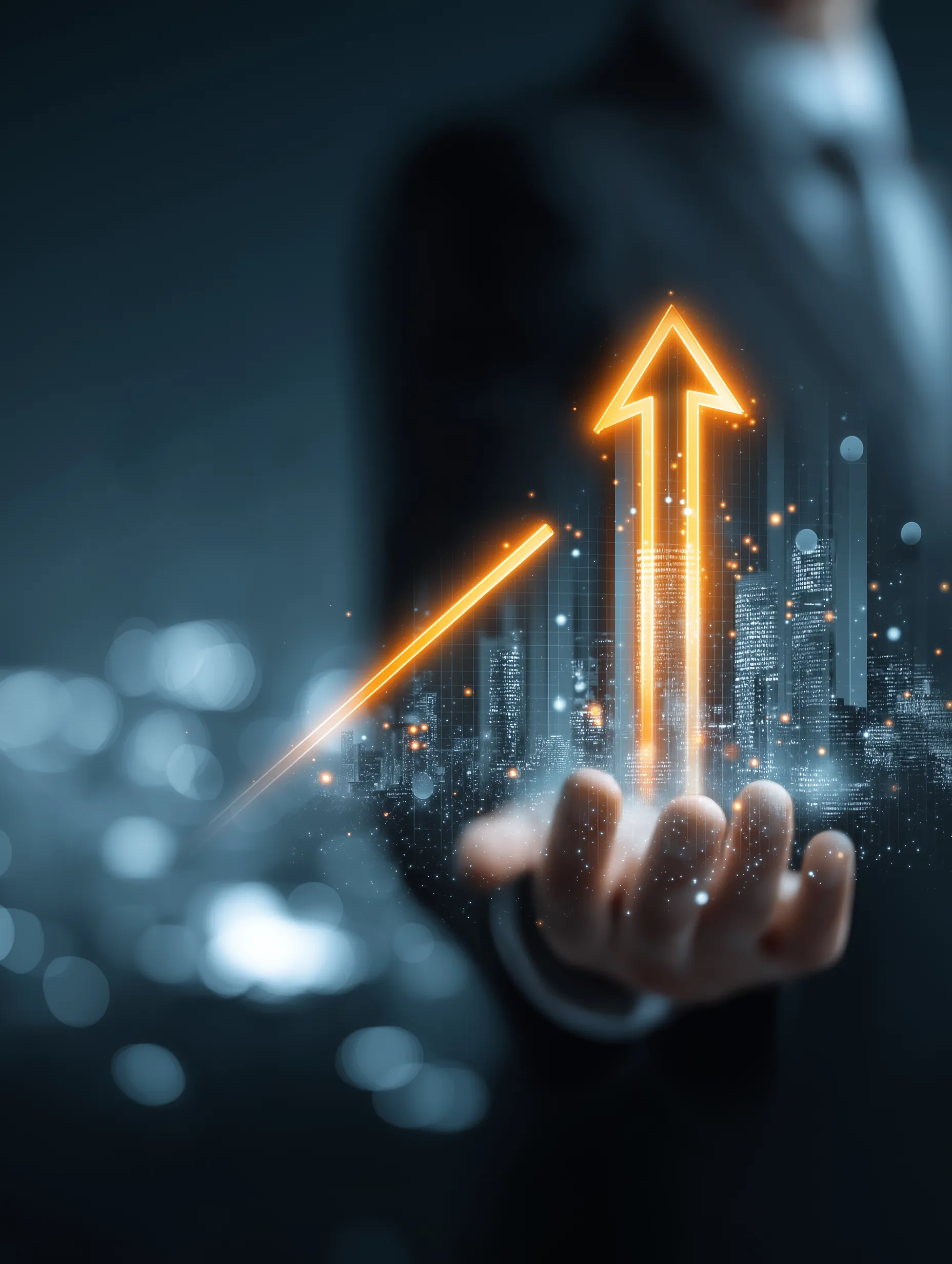 businessman_holding_glowing_upward_arrow_graph_