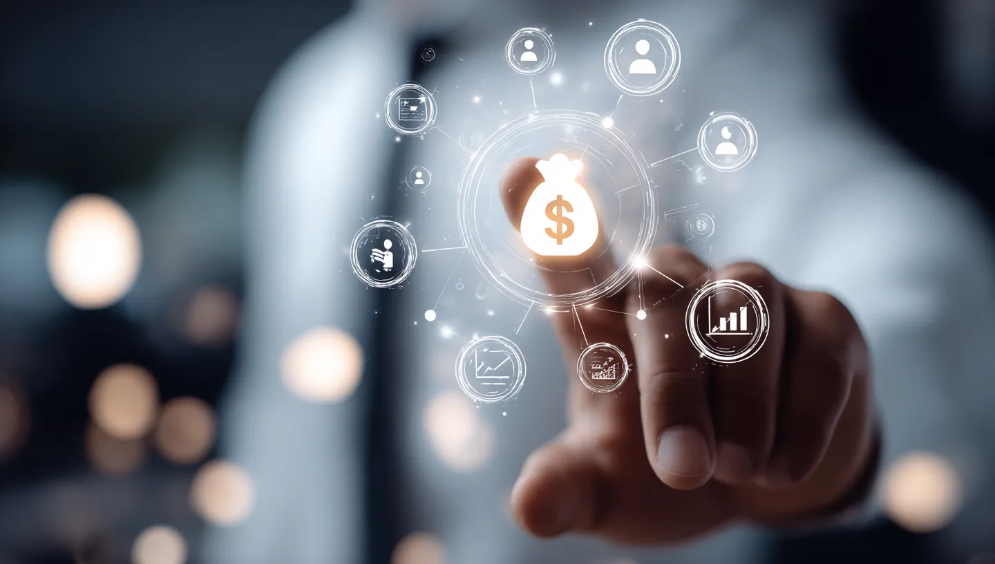 _a_hand_is_touching_an_icon_of_a_money_bag