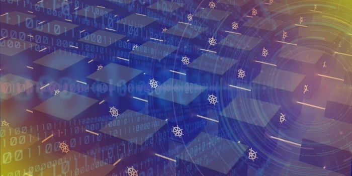 Binary digits and container helm icons over abstract blue panels