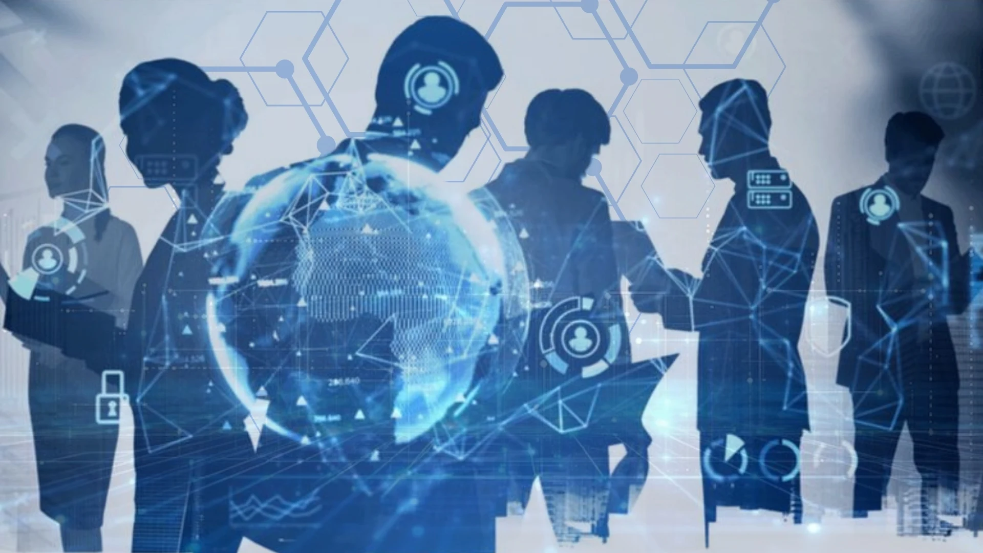 Business figures silhouetted against a blue data globe and network icons