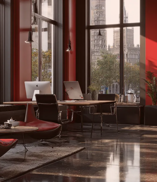 A modern office with desks and computers beside tall windows