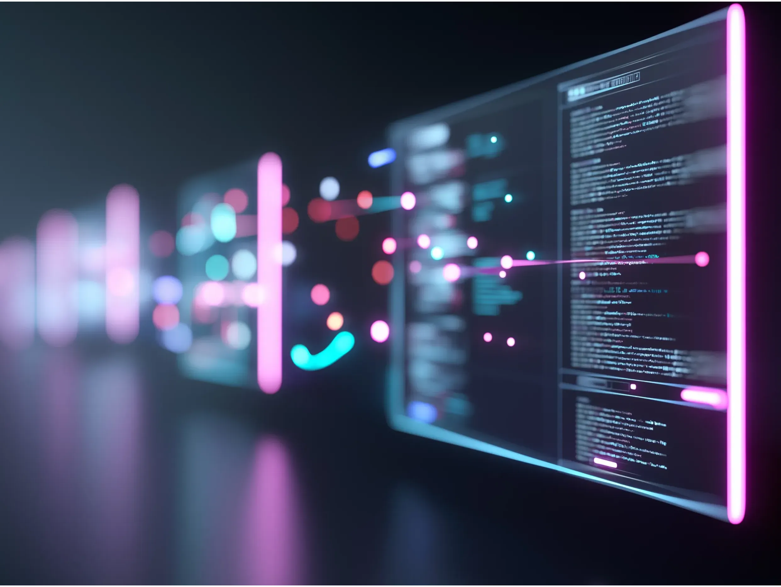 A glowing panel of code and data streaming through a dark space