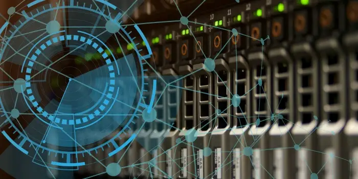 Server racks with a blue network overlay