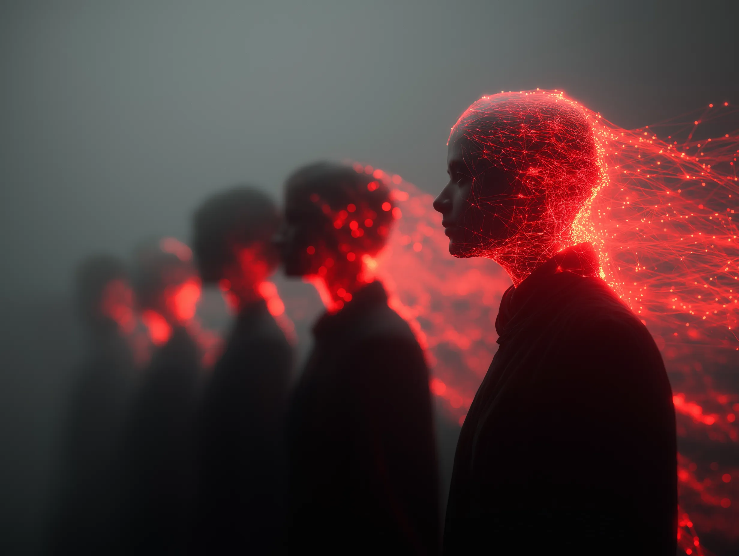 A receding line of figures, the nearest one lit with a red network mesh