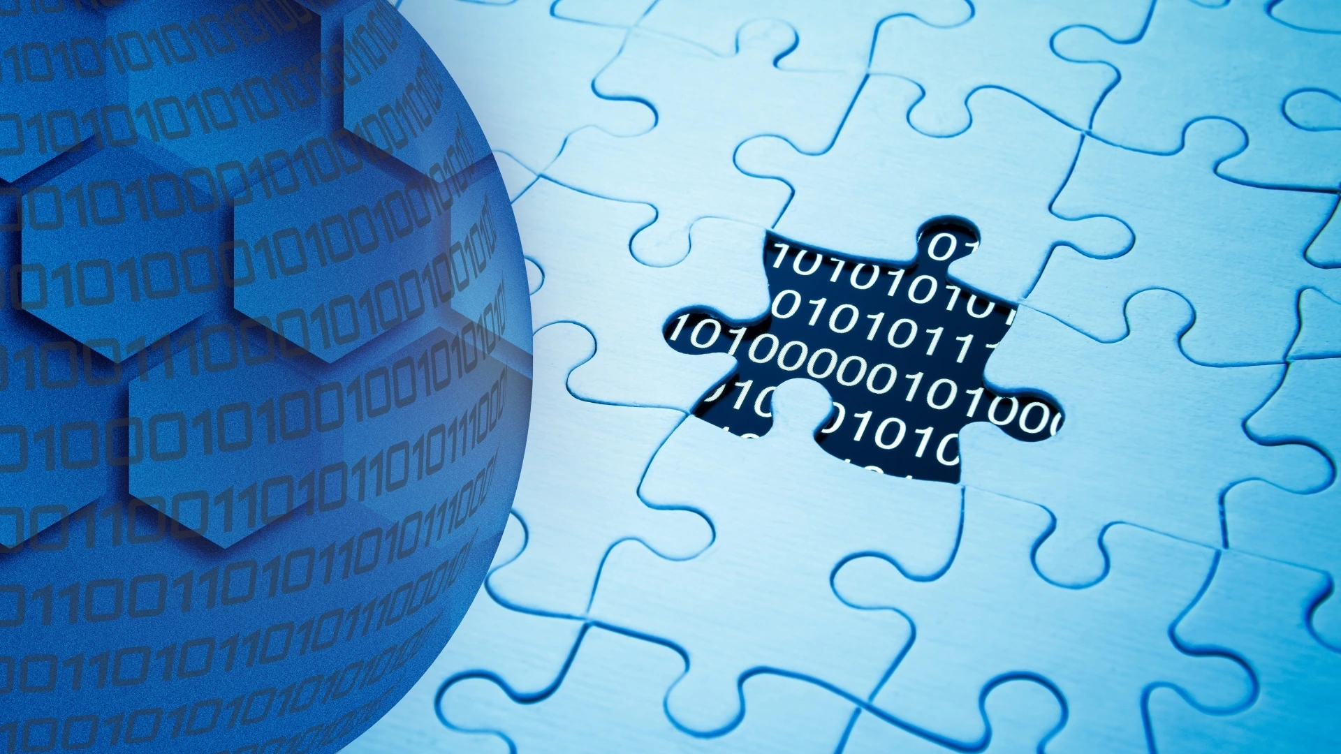 A jigsaw puzzle with one piece missing, revealing binary digits underneath