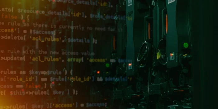 Server racks with lines of code overlaid in green
