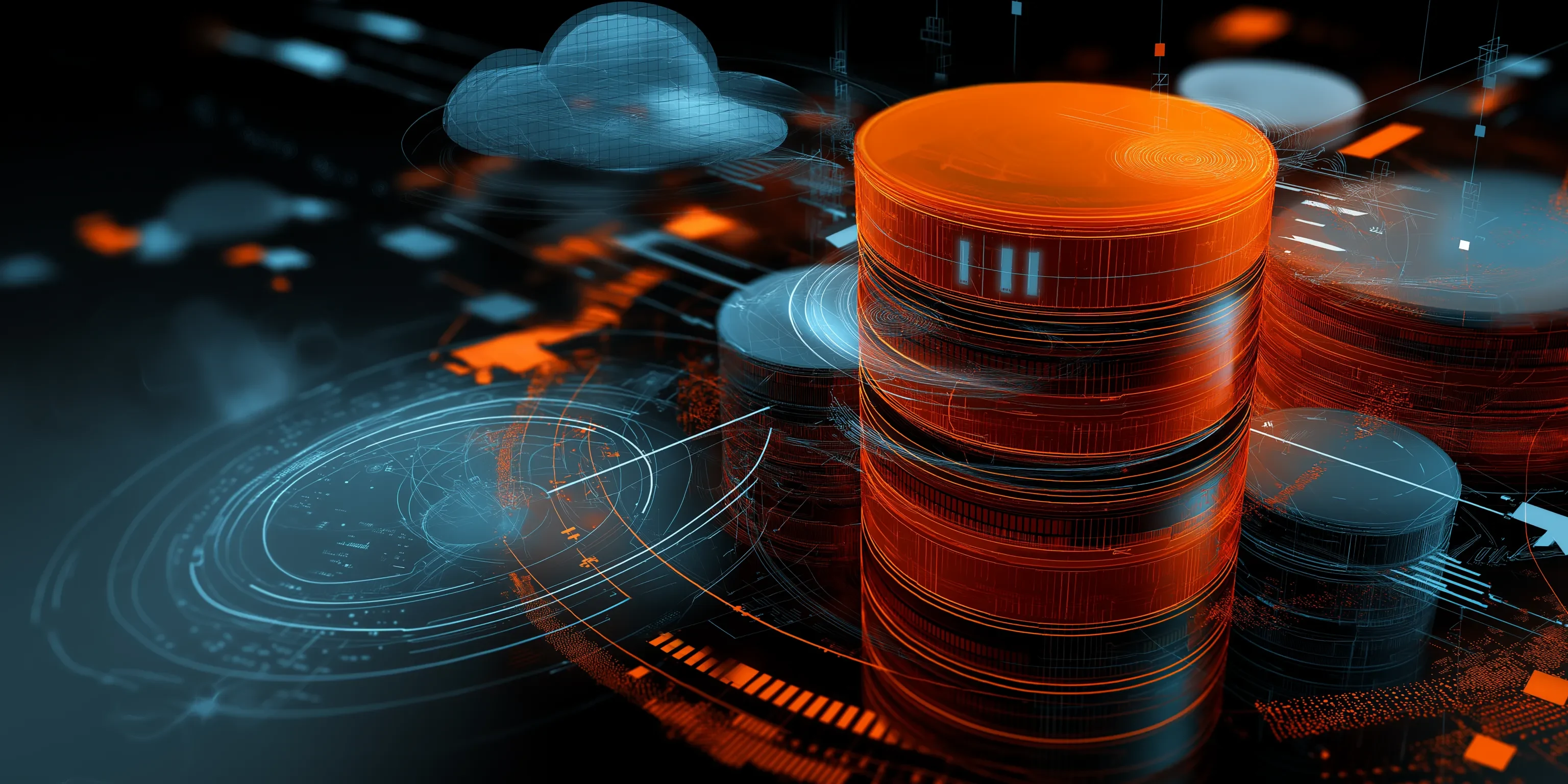 Abstract orange data cylinders and a cloud icon over a dark technical background