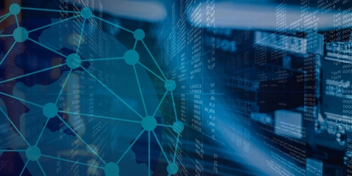 Abstract blue network diagram overlaid on rows of server data