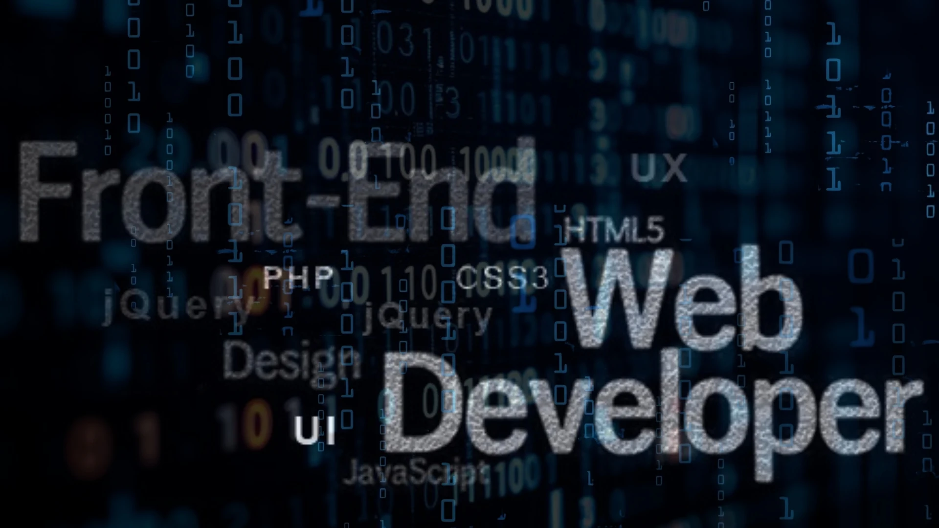 The words Front-End Web Developer set over a background of code and web technology terms