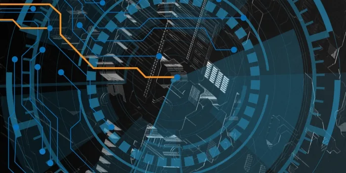 Abstract blue and orange circuit graphics over a technical interface