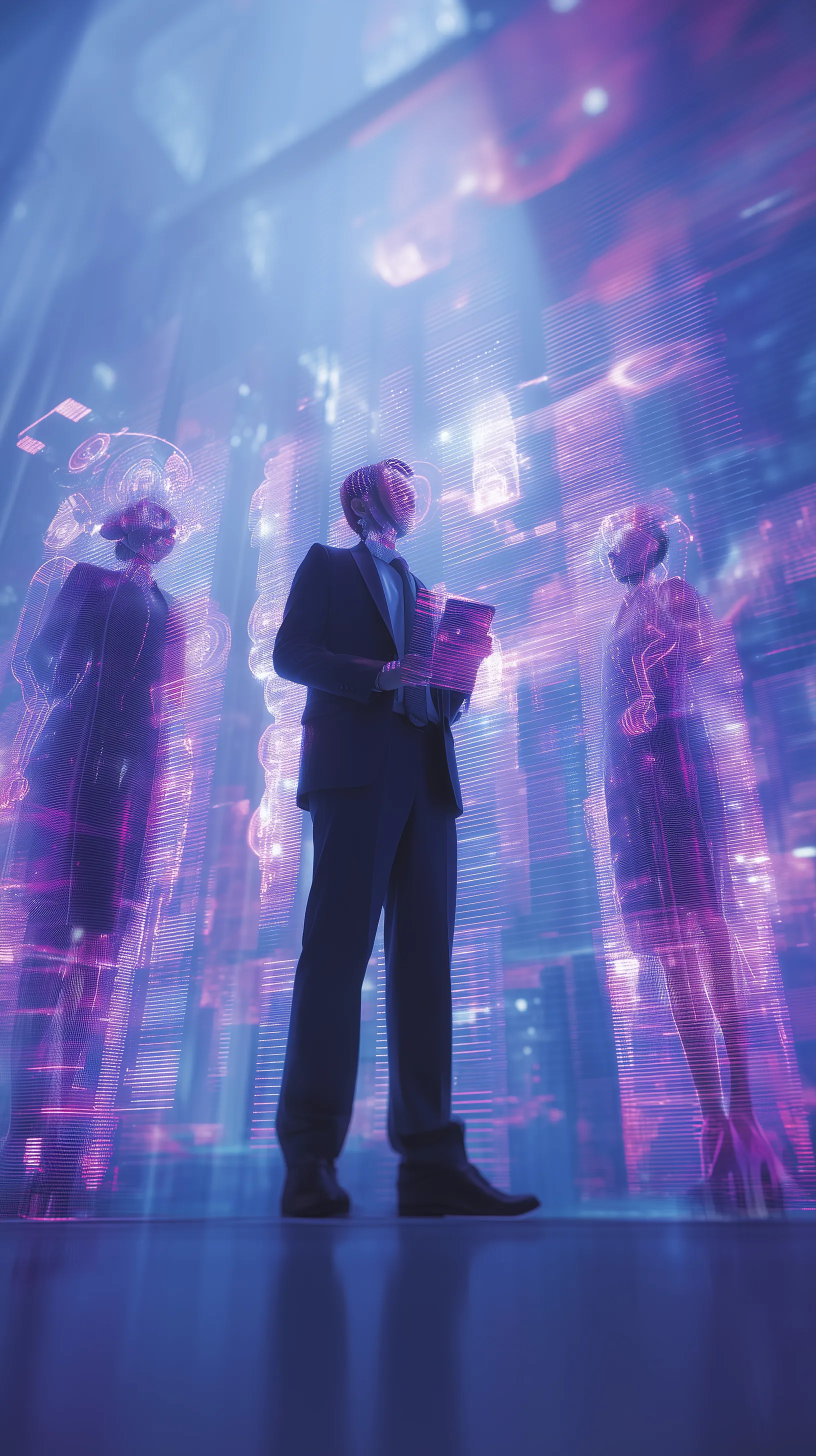 A figure standing among translucent data structures in a lit cityscape