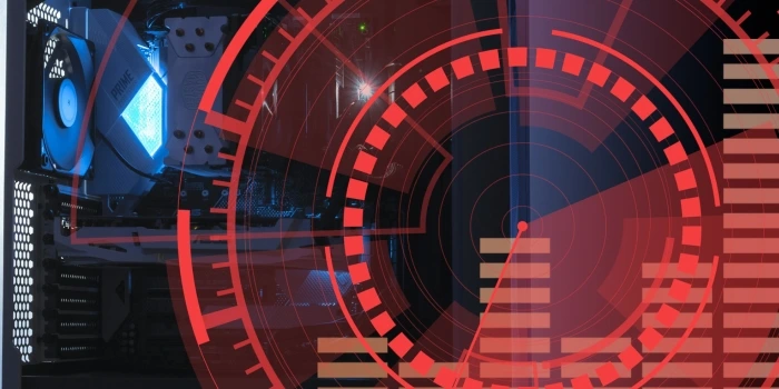 The inside of a computer with a blue lit cooling fan, overlaid with red diagnostic graphics