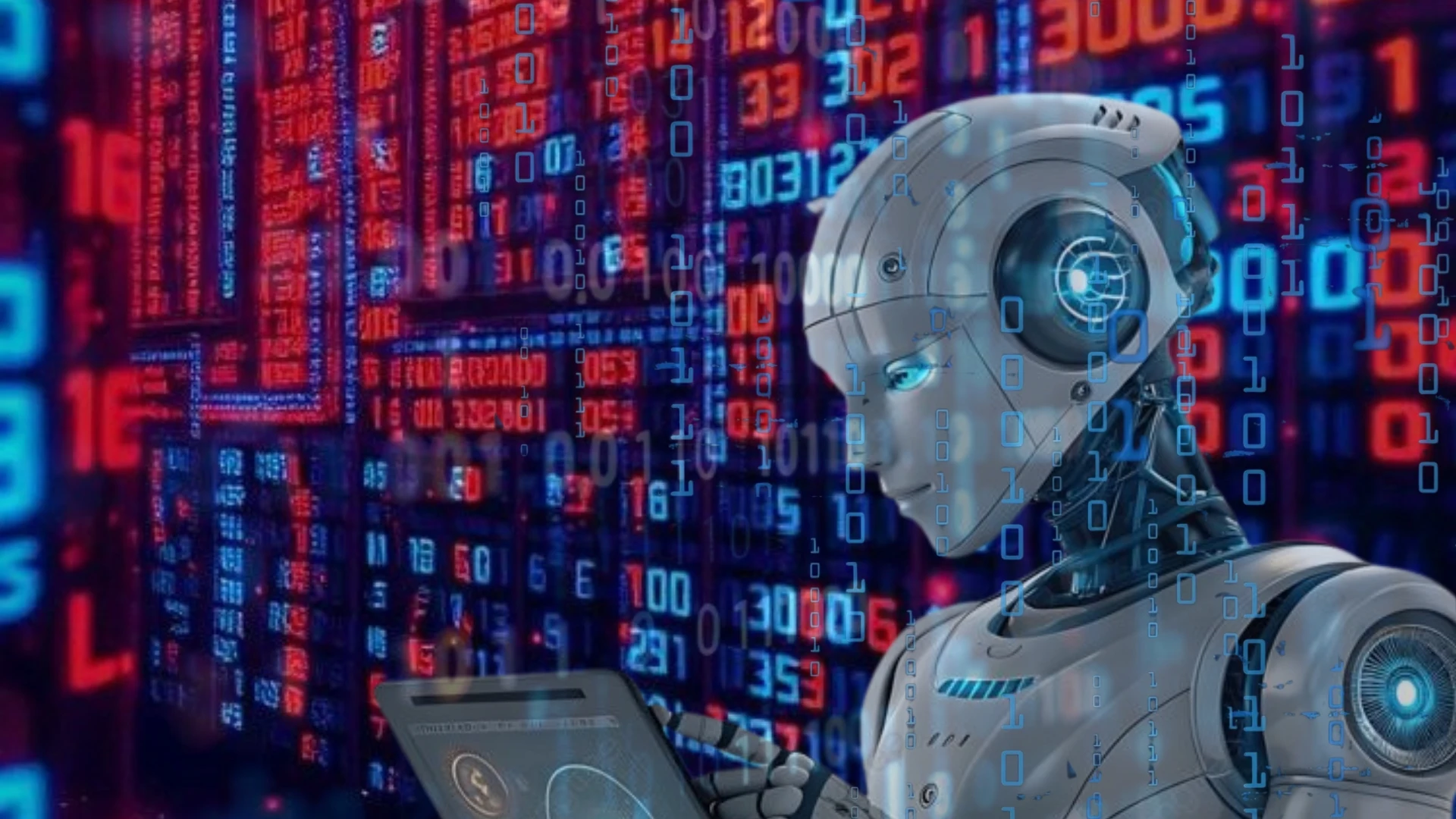 A humanoid robot holding a laptop in front of a wall of red and blue binary digits