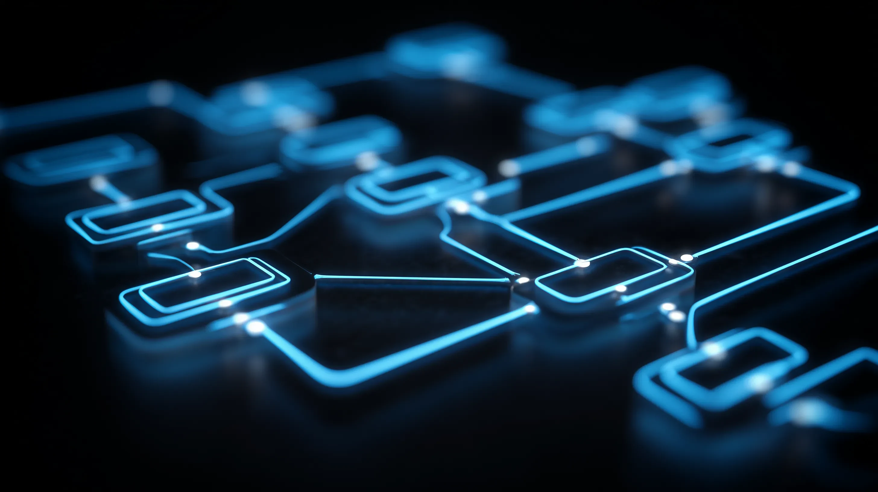An abstract blue diagram of connected nodes glowing on a dark surface