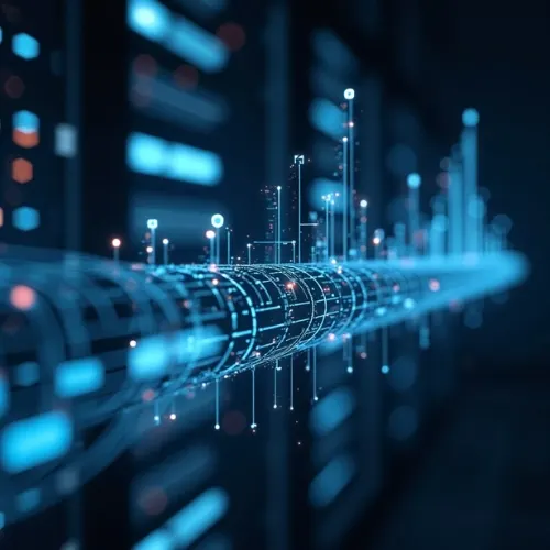 A blue data pipeline receding into a data center